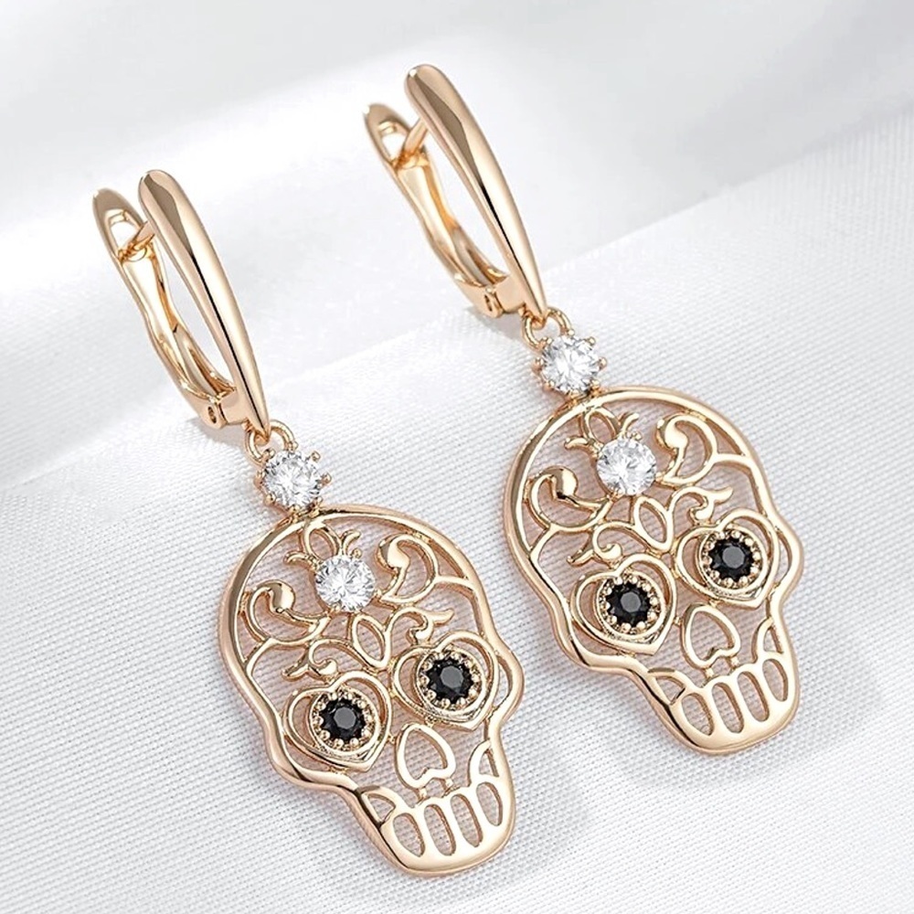 Rose Gold Sugar Skull Natural AAA Zircon Earrings - Picture 4 of 5